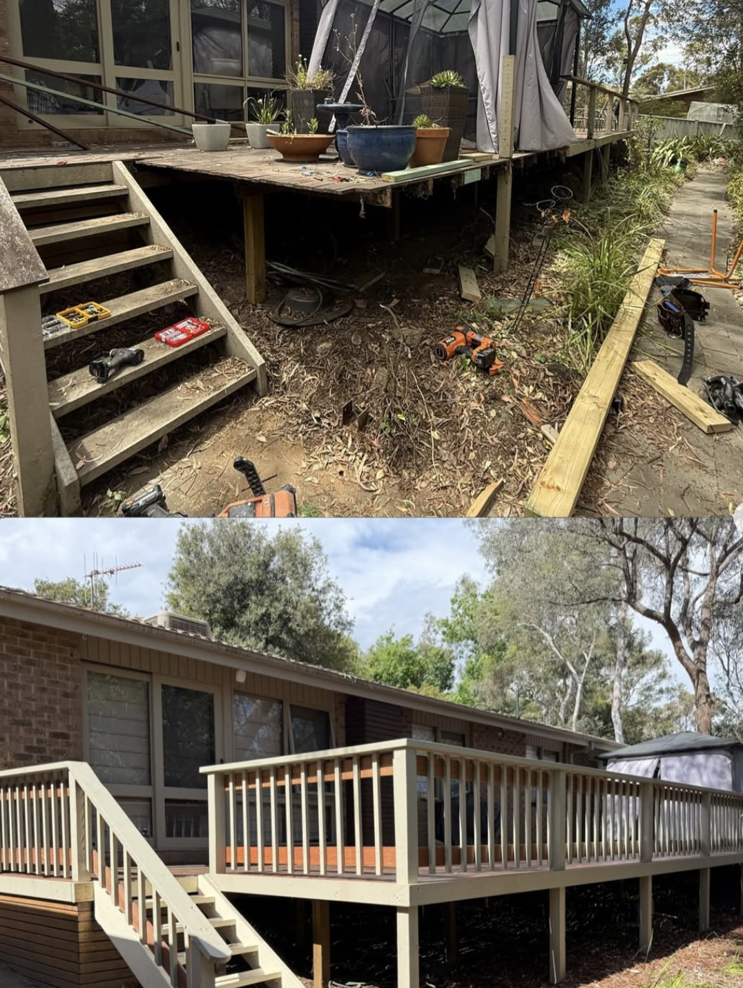 Rotted deck rebuilt with new frame and balustrade