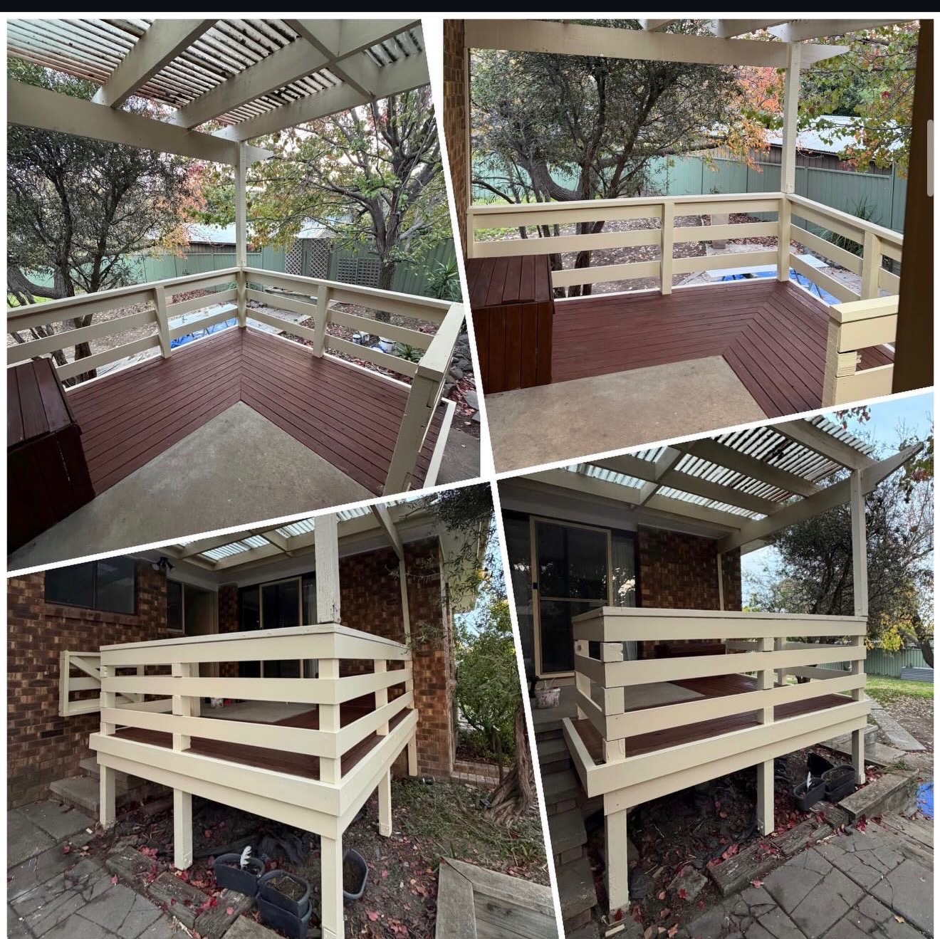 Pergola deck restained with freshly painted balustrade